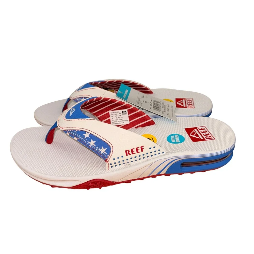 NEW Reef Fanning Tailgate Mens 9 Flip Flops White Red Blue Stars Stripes CJ6407